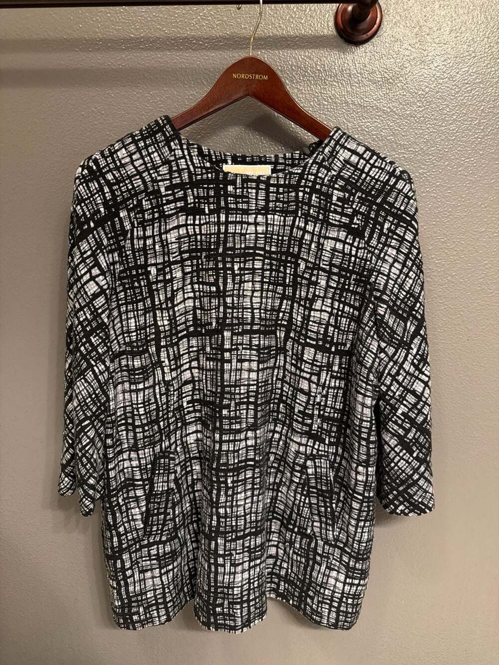 Michael Kors Black and White Abstract Plaid Print Textured Blouse